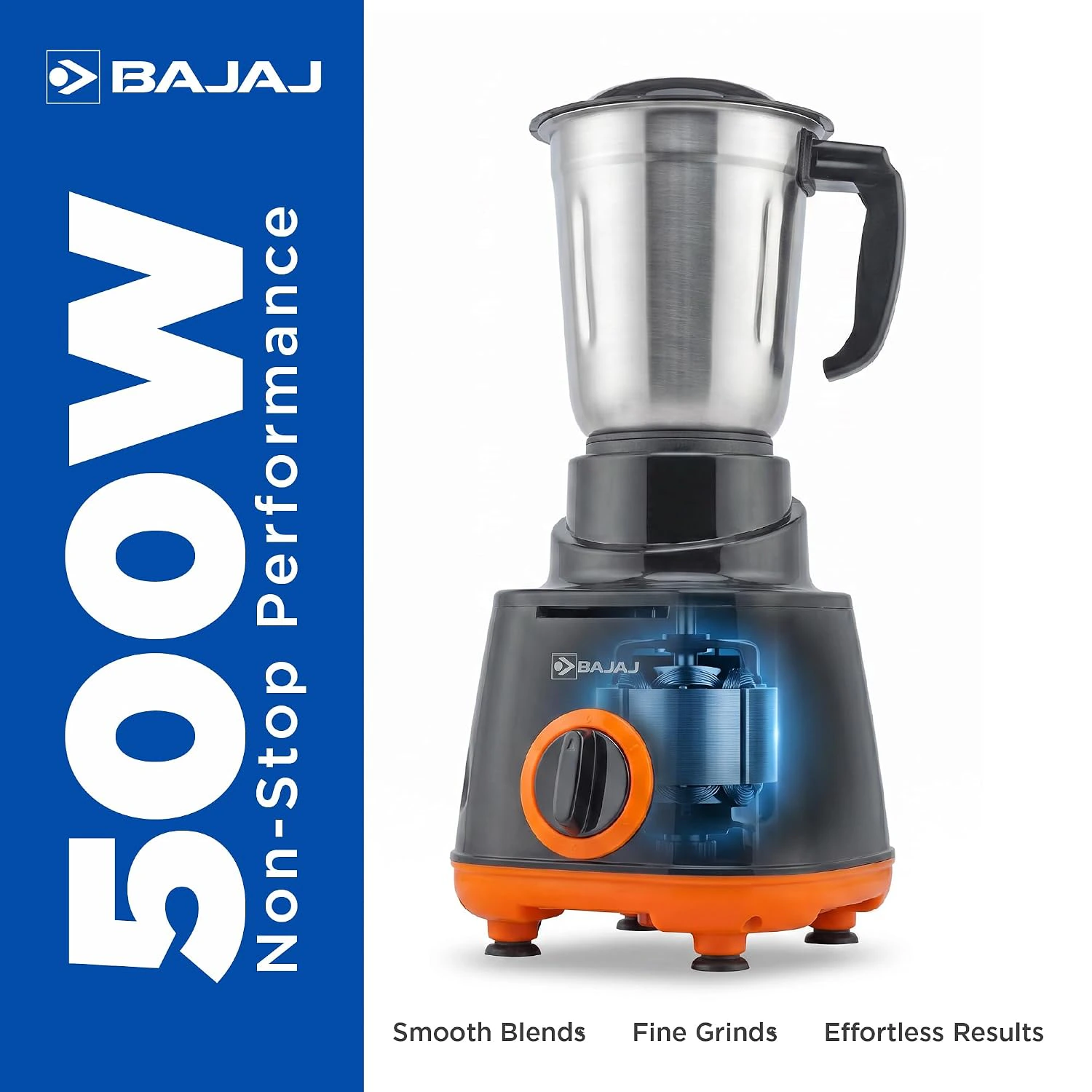 Bajaj Rex 500W Mixer Grinder | 3 Stainless Steel Jars with Multifunctional Blades | view 3