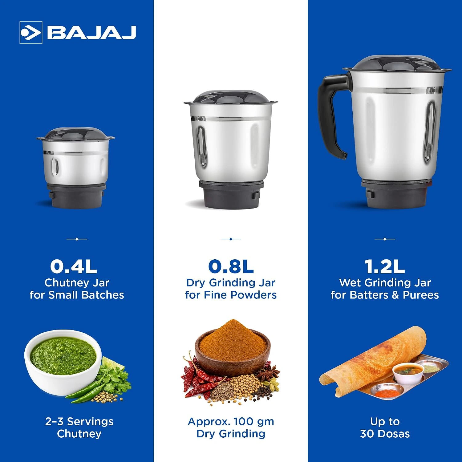 Bajaj Rex 500W Mixer Grinder | 3 Stainless Steel Jars with Multifunctional Blades | view 4