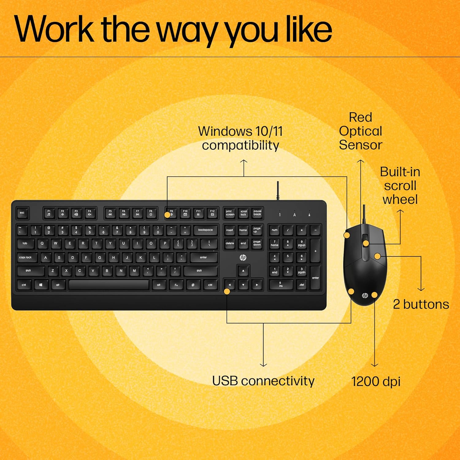 HP KM 180 Wired Mouse and Keyboard Combo, USB Plug-and-Play view 6