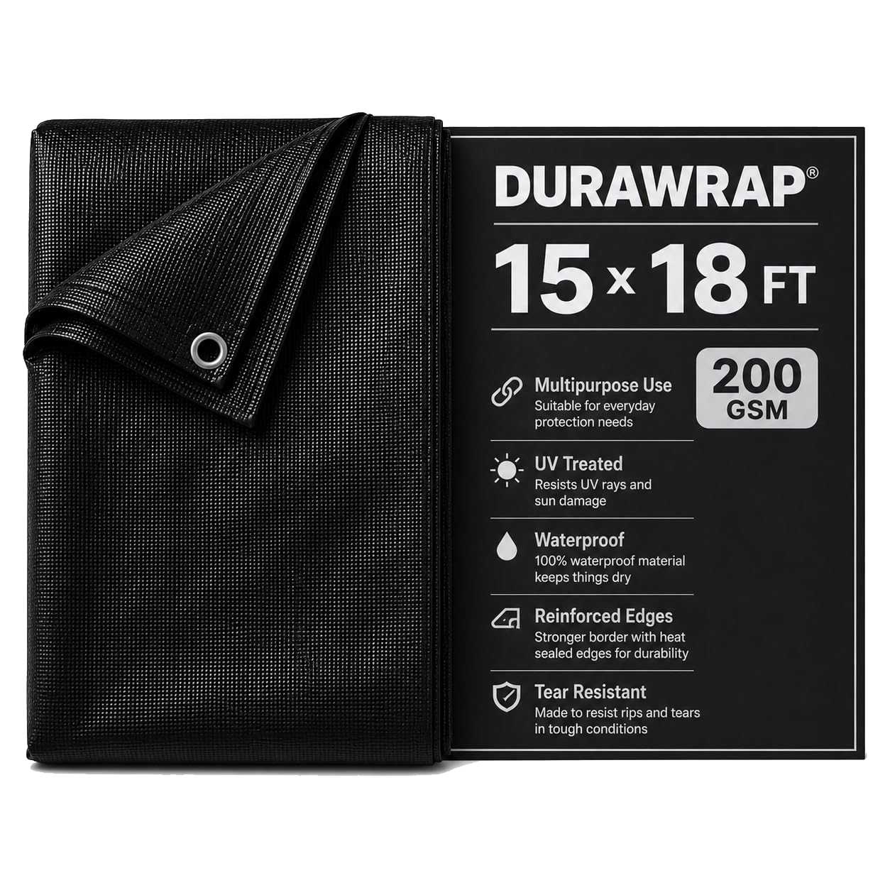 18x15ft Black 200GSM Tarpaulin Sheet, Tirpal | Water Resistant HDPE Tarp Cover |