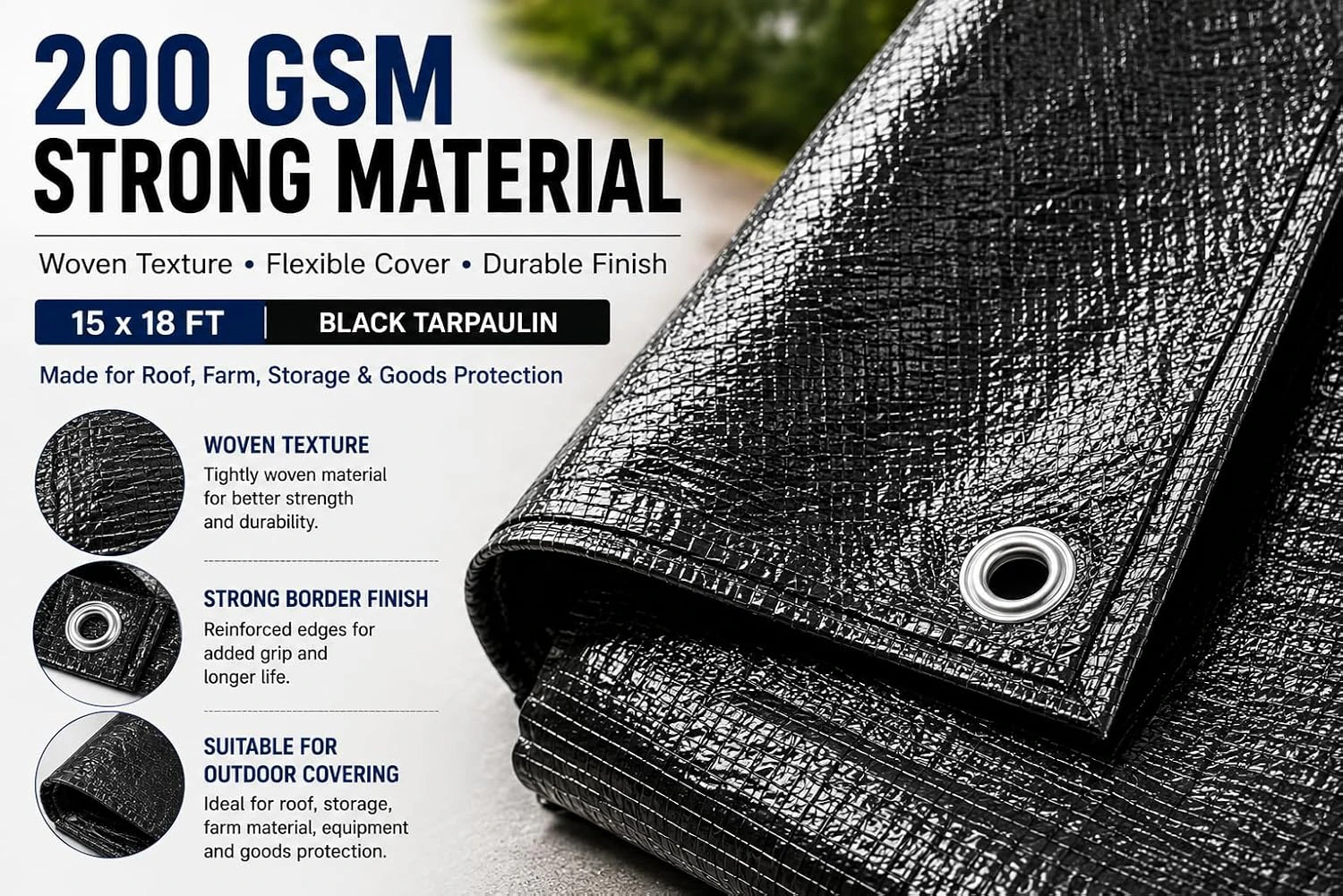 18x15ft Black 200GSM Tarpaulin Sheet, Tirpal | Water Resistant HDPE Tarp Cover | view 3
