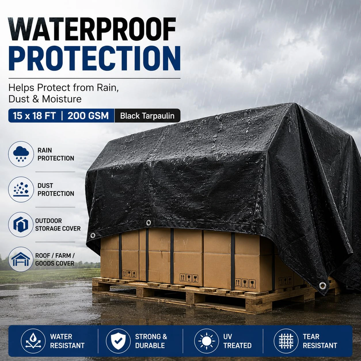 18x15ft Black 200GSM Tarpaulin Sheet, Tirpal | Water Resistant HDPE Tarp Cover | view 4