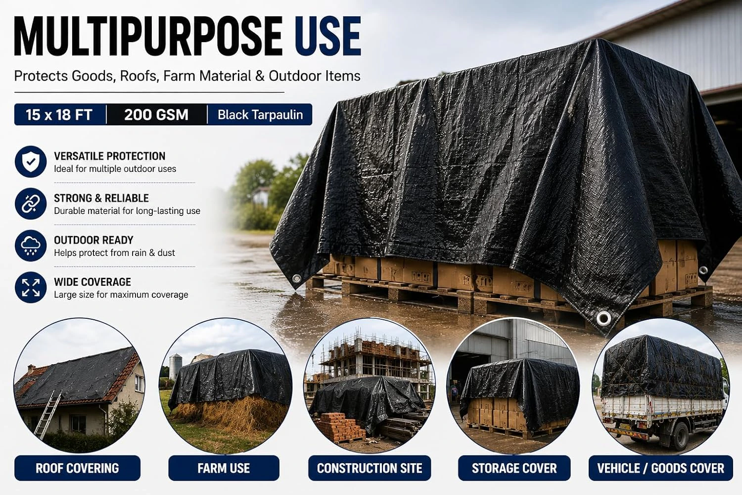 18x15ft Black 200GSM Tarpaulin Sheet, Tirpal | Water Resistant HDPE Tarp Cover | view 6