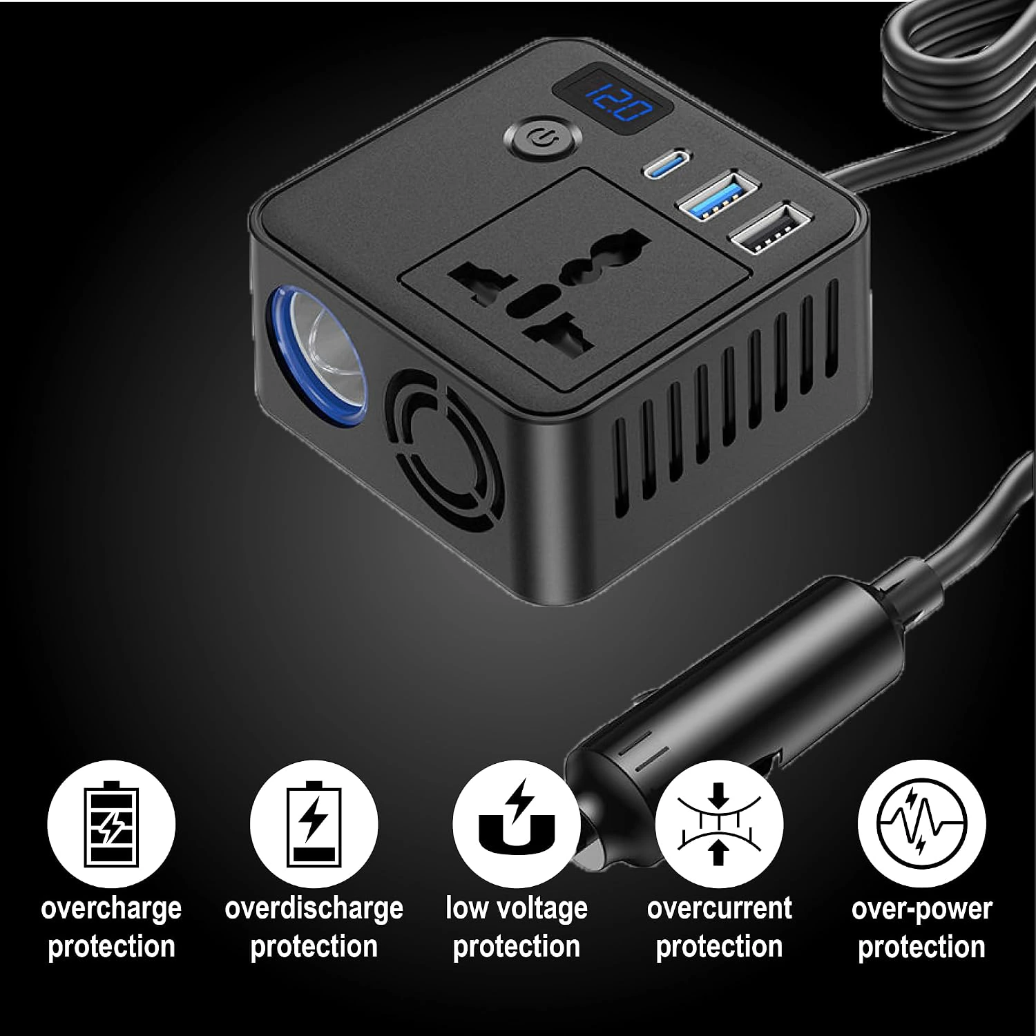 PRONOD Car Laptop Charger 200W Power Inverter, DC 12V to AC 220V, PD 30W USB-C & QC 3.0 USB Ports view 3