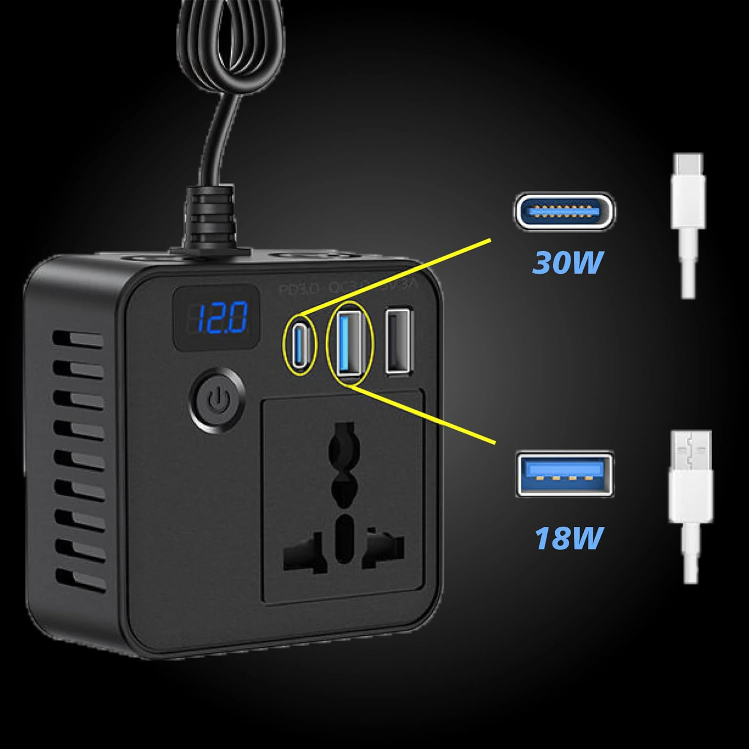 PRONOD Car Laptop Charger 200W Power Inverter, DC 12V to AC 220V, PD 30W USB-C & QC 3.0 USB Ports view 5