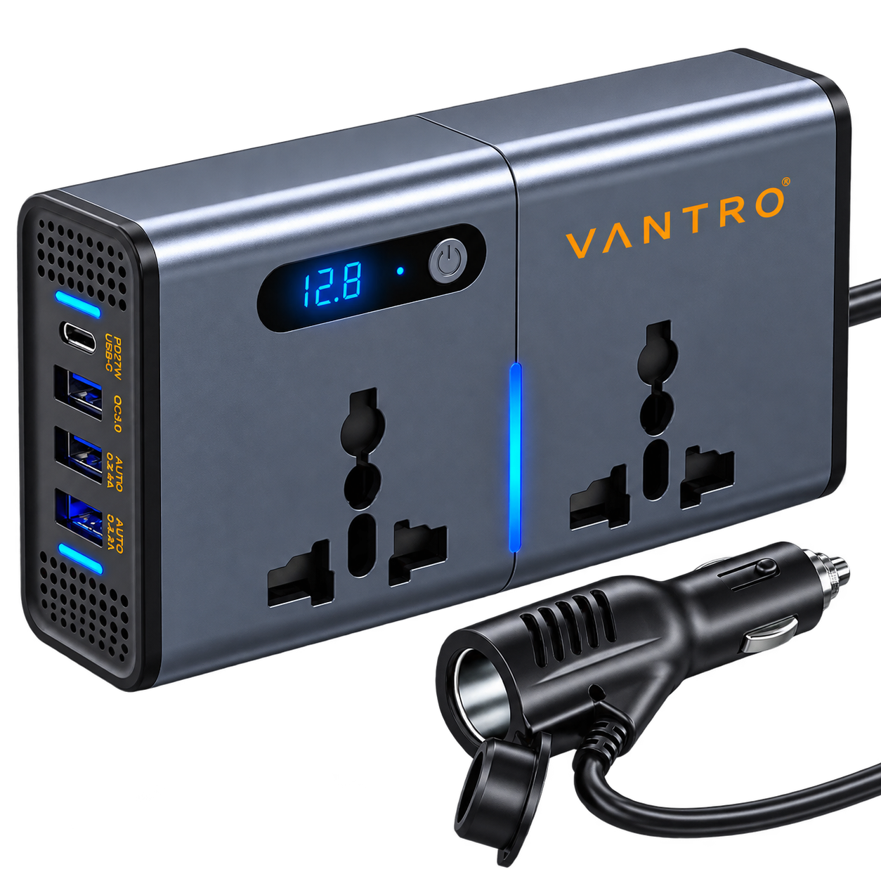 Vantro 200W Car Power Inverter/Laptop Charger with 3 USB (6.2A Max) & 1 C Type(1 * 27WPD) Smart USB Ports