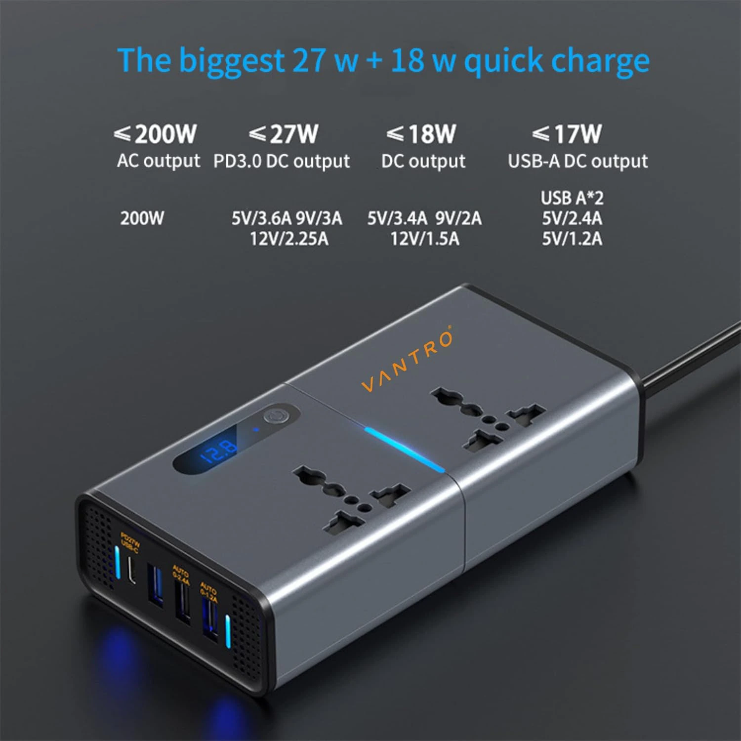 Vantro 200W Car Power Inverter/Laptop Charger with 3 USB (6.2A Max) & 1 C Type(1 * 27WPD) Smart USB Ports view 2