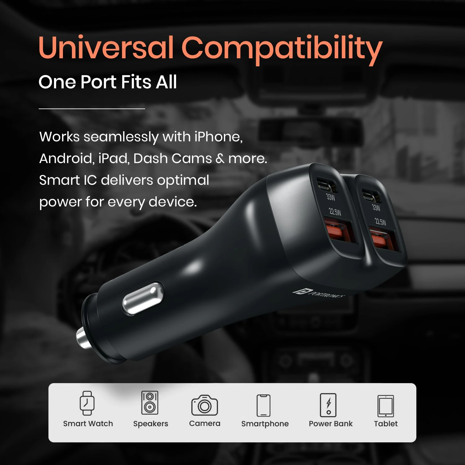 Portronics Car Power Quard 111W Car Charger, 4 Ports Fast Car Charger, Dual 33W Type-C PD, Dual 22.5W USB-A, Charge 4 Devices Simultaneously view 4