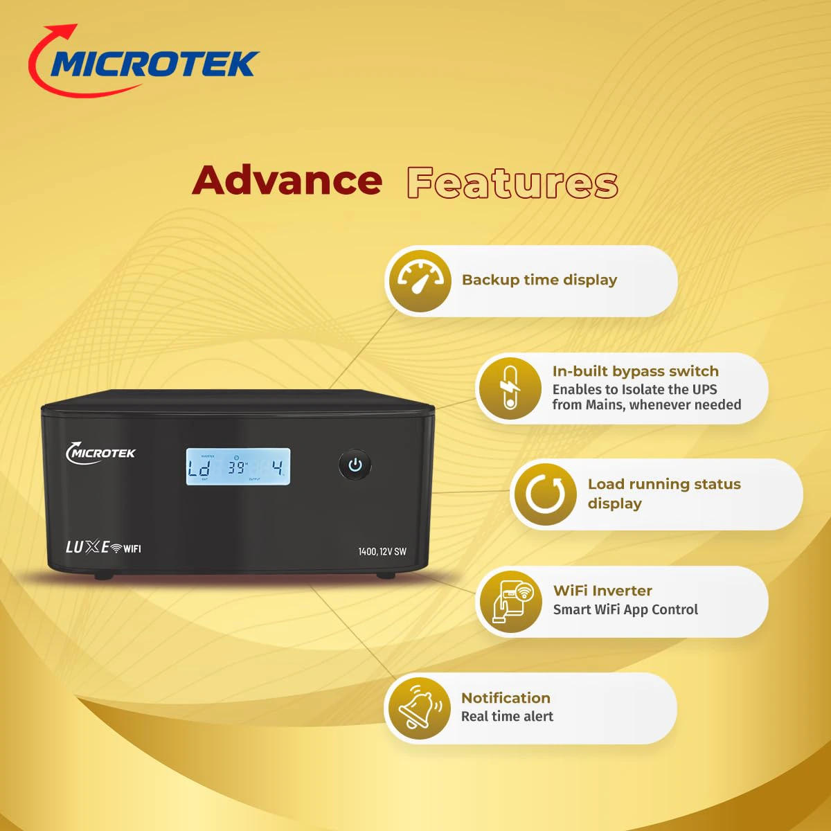 Microtek Luxe WiFi Inverter 1400, 12V Pure Sine Wave | Remote App Control | view 3