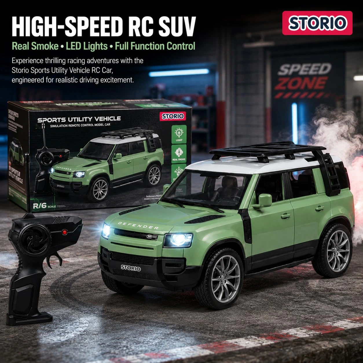 Storio Sports Utility Vehicle SUV Defender Remote Control RC Car with Real Smoke | High Speed Racing Toy with LED Lights | Rechargeable Battery | view 2