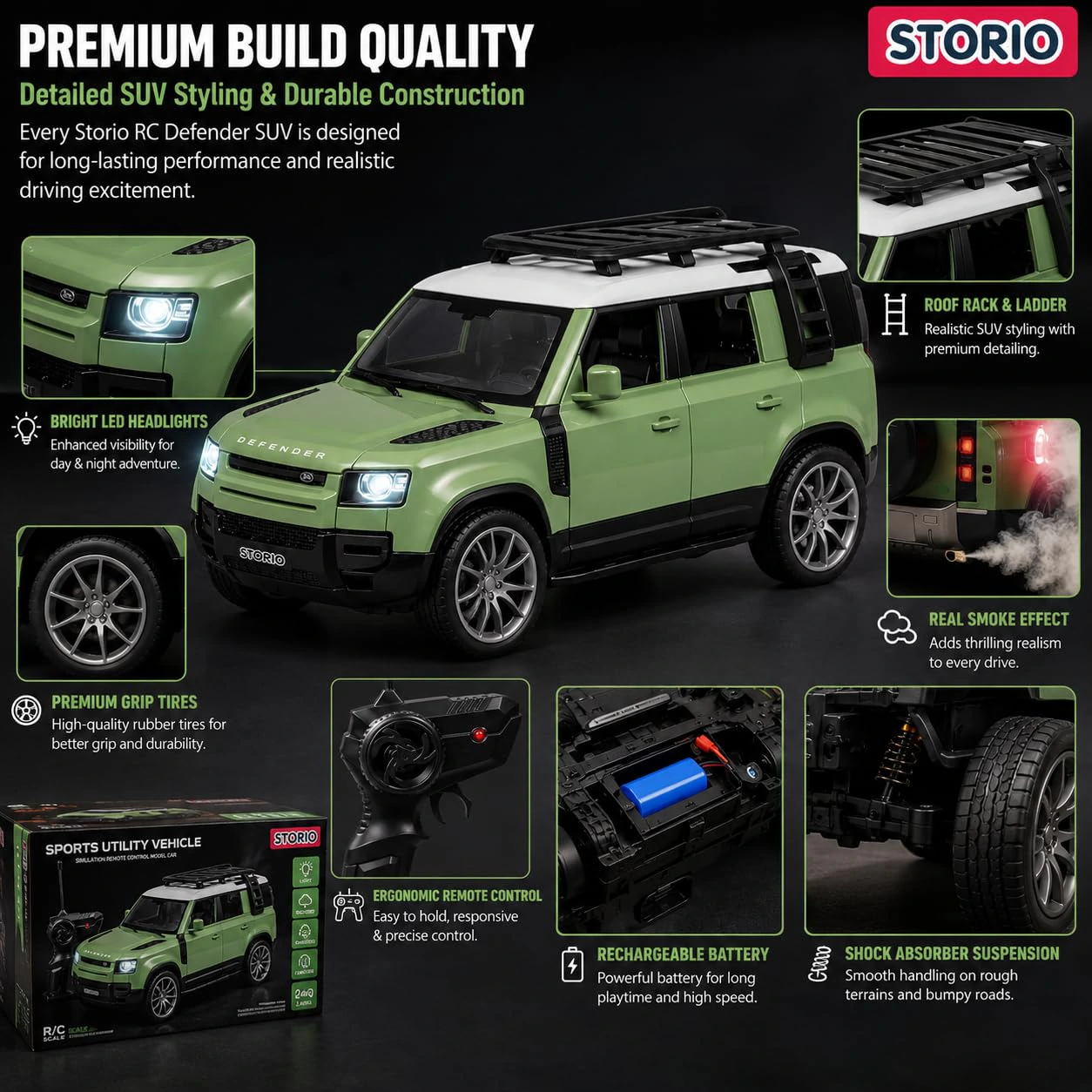 Storio Sports Utility Vehicle SUV Defender Remote Control RC Car with Real Smoke | High Speed Racing Toy with LED Lights | Rechargeable Battery | view 5