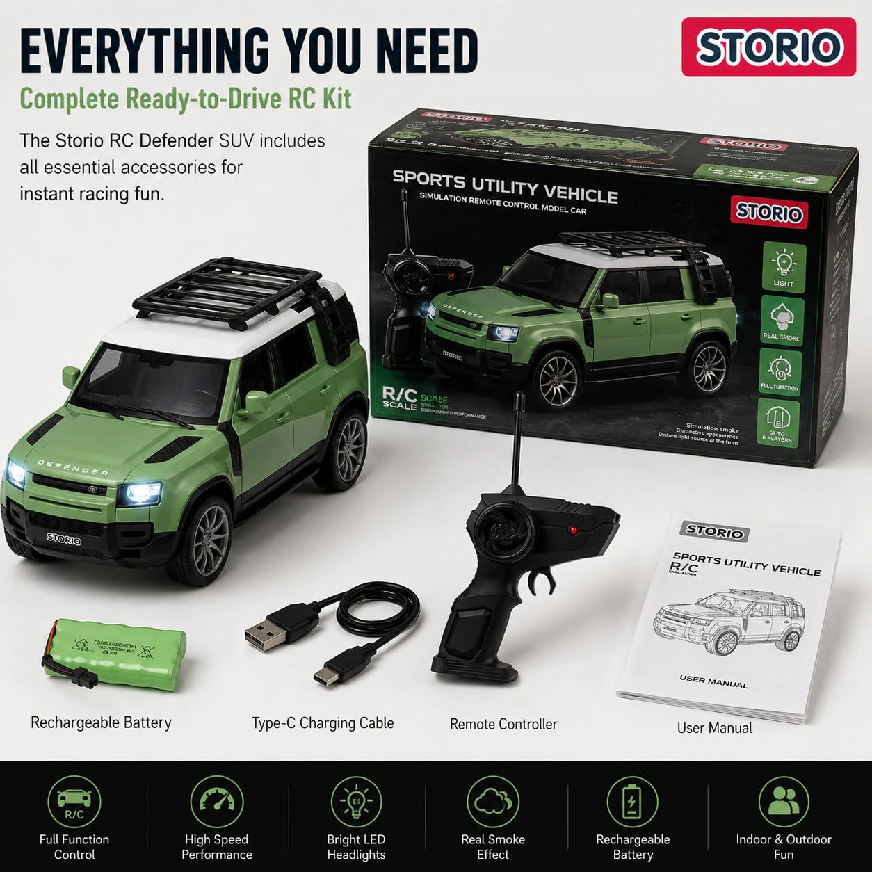 Storio Sports Utility Vehicle SUV Defender Remote Control RC Car with Real Smoke | High Speed Racing Toy with LED Lights | Rechargeable Battery | view 7