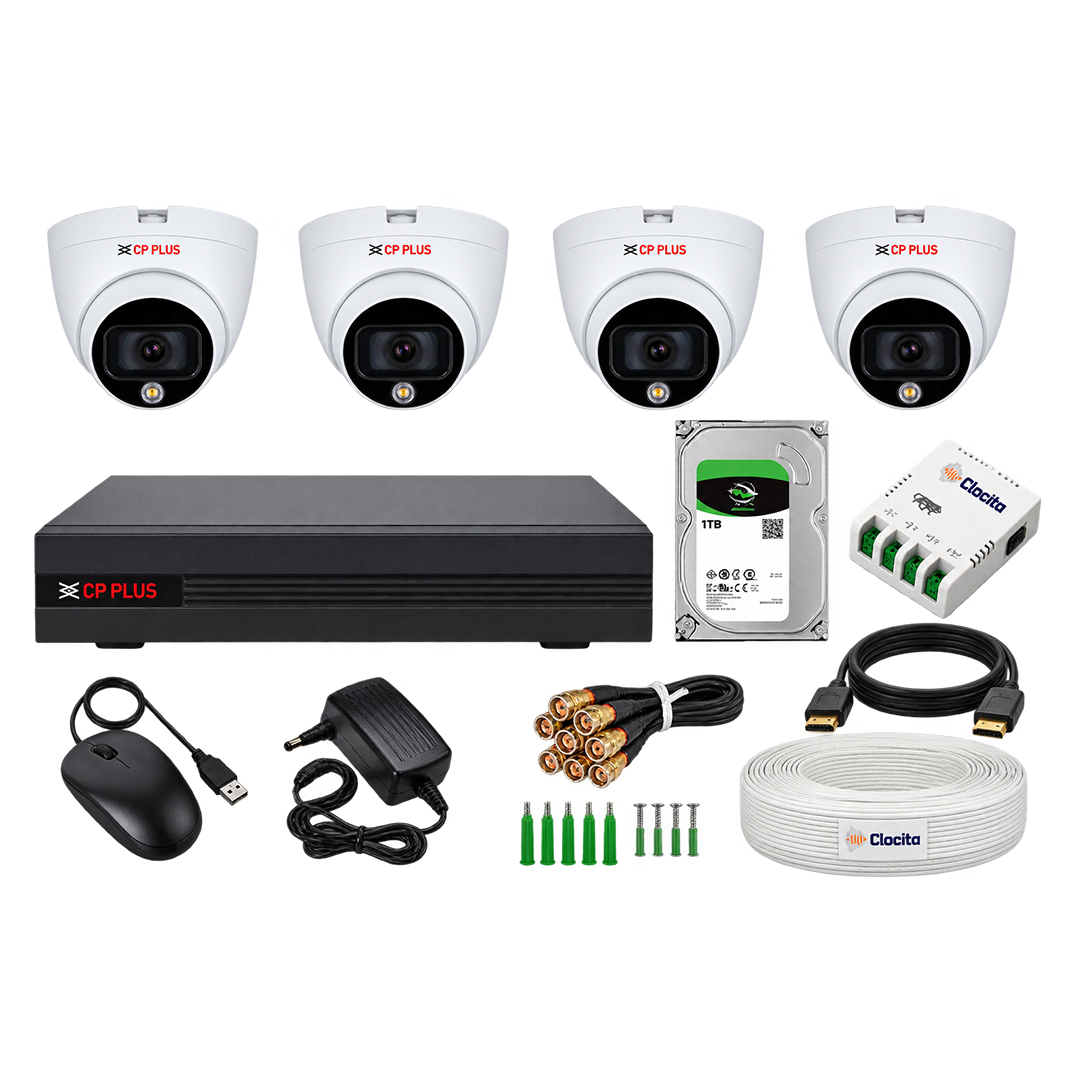 CP Plus 4CH DVR + 5MP (Guard+) Audio Recording 4 Dome Cameras with 24/7 (Day/Night Color Vision) + 1TB HDD + Copper Cable Roll (1+3) + 4CH SMPS + BNC &...