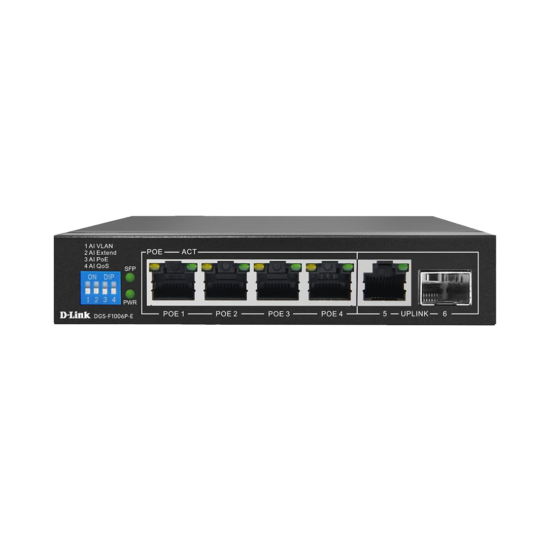 D-Link 4-Port Gigabit Unmanaged PoE Switch [DGS-F1006P-E], 4 Port 1000 MBPS 250m PoE + 1Gigabit + 1SFP Uplink