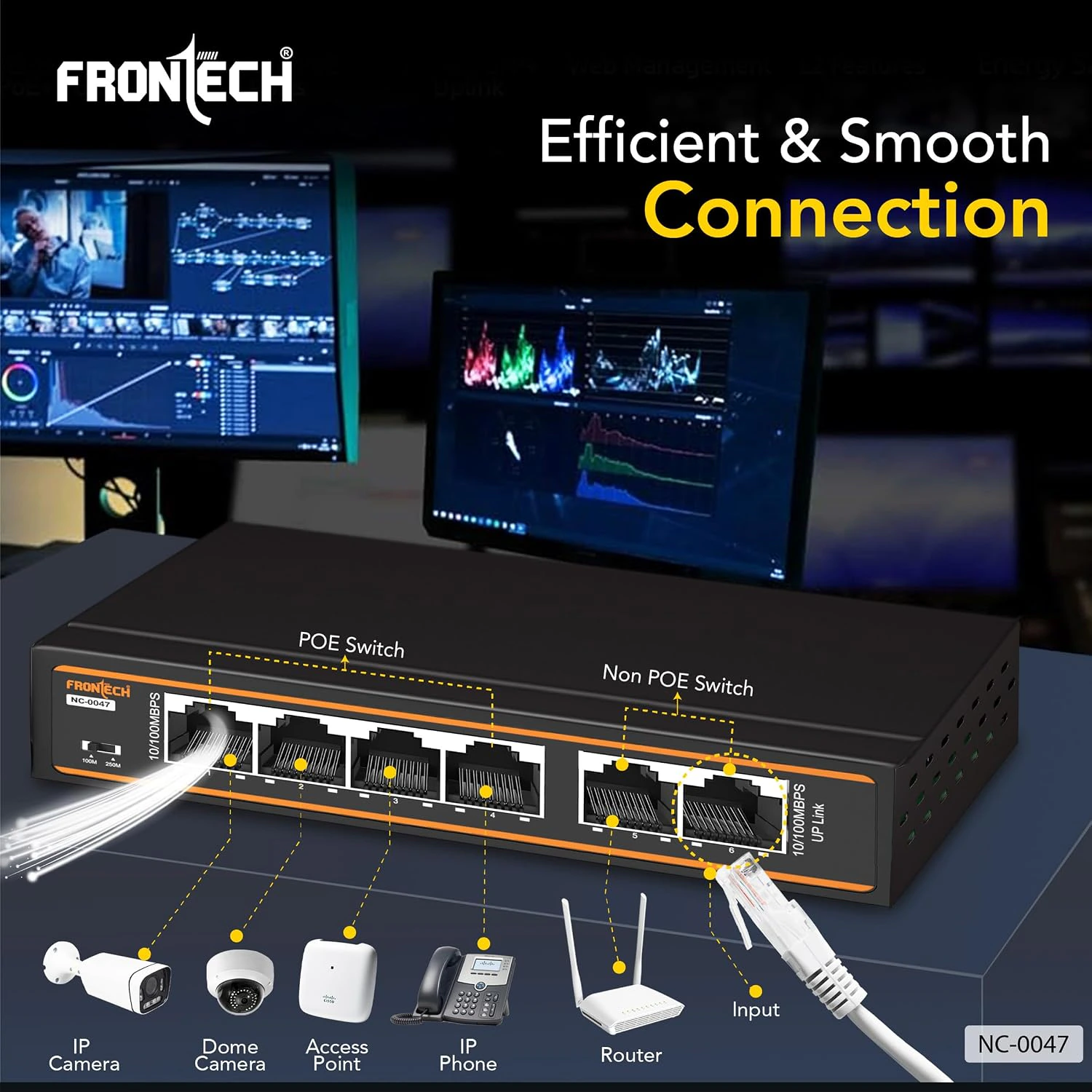 Frontech 4-Port PoE+ Switch, 6-Port 10/100 Mbps Ethernet Network Switch with 72W PoE Budget, 2 Uplink Ports,  view 2