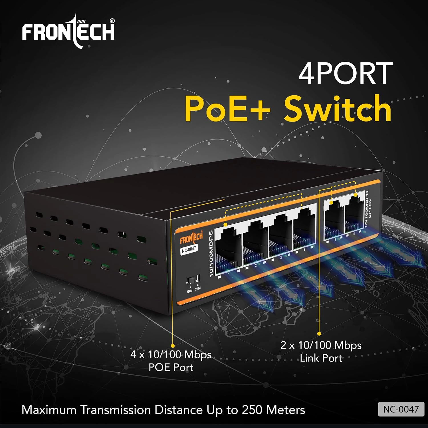 Frontech 4-Port PoE+ Switch, 6-Port 10/100 Mbps Ethernet Network Switch with 72W PoE Budget, 2 Uplink Ports,  view 3