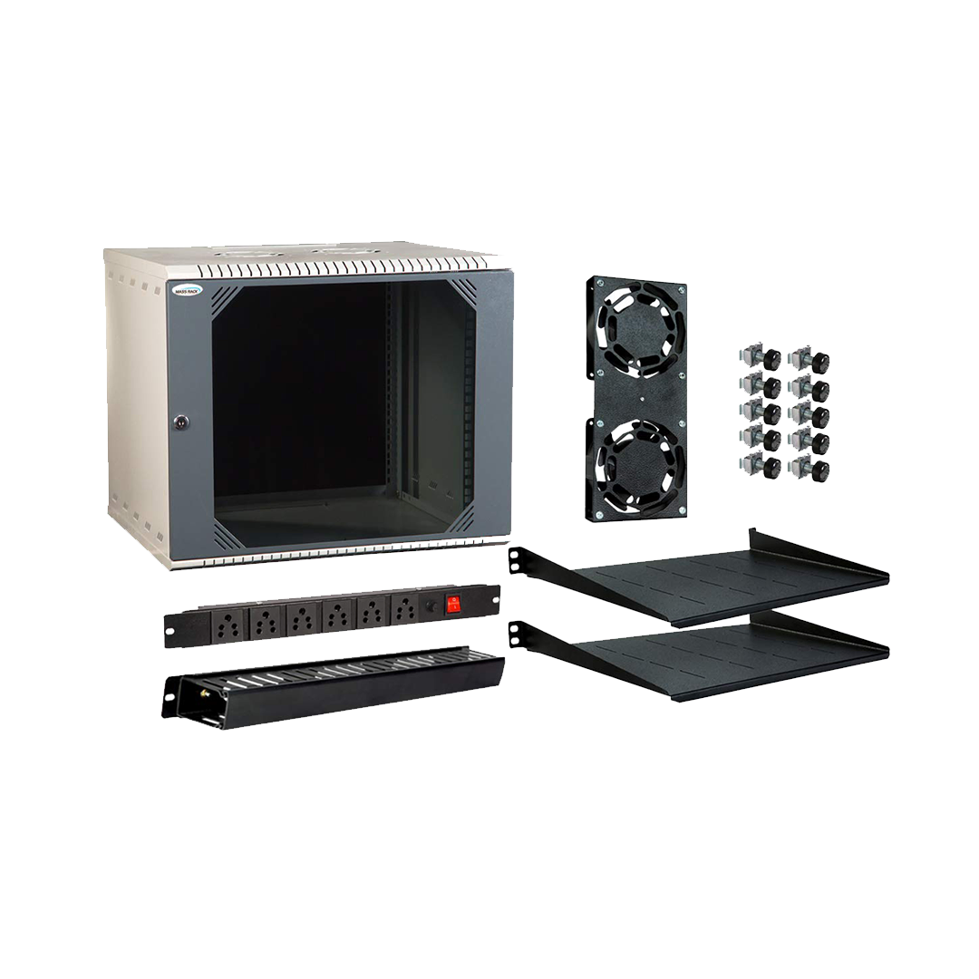 MASS RACK 9U 550X450mm Rack with PDU 6 Socket, 10" Tray(2 Nos), Cable Organiser 1U Closed, 2 Fan & Hardware Kit - Combo Pack