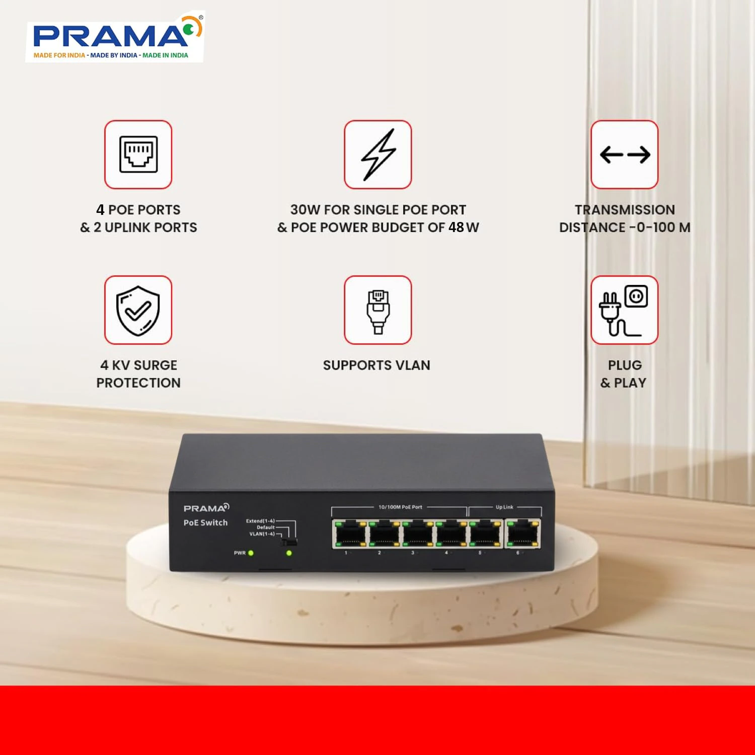 Prama 100 Mbps Network PoE Switch, 4 PoE Ports + 2 Uplink RJ-45 Ports view 2