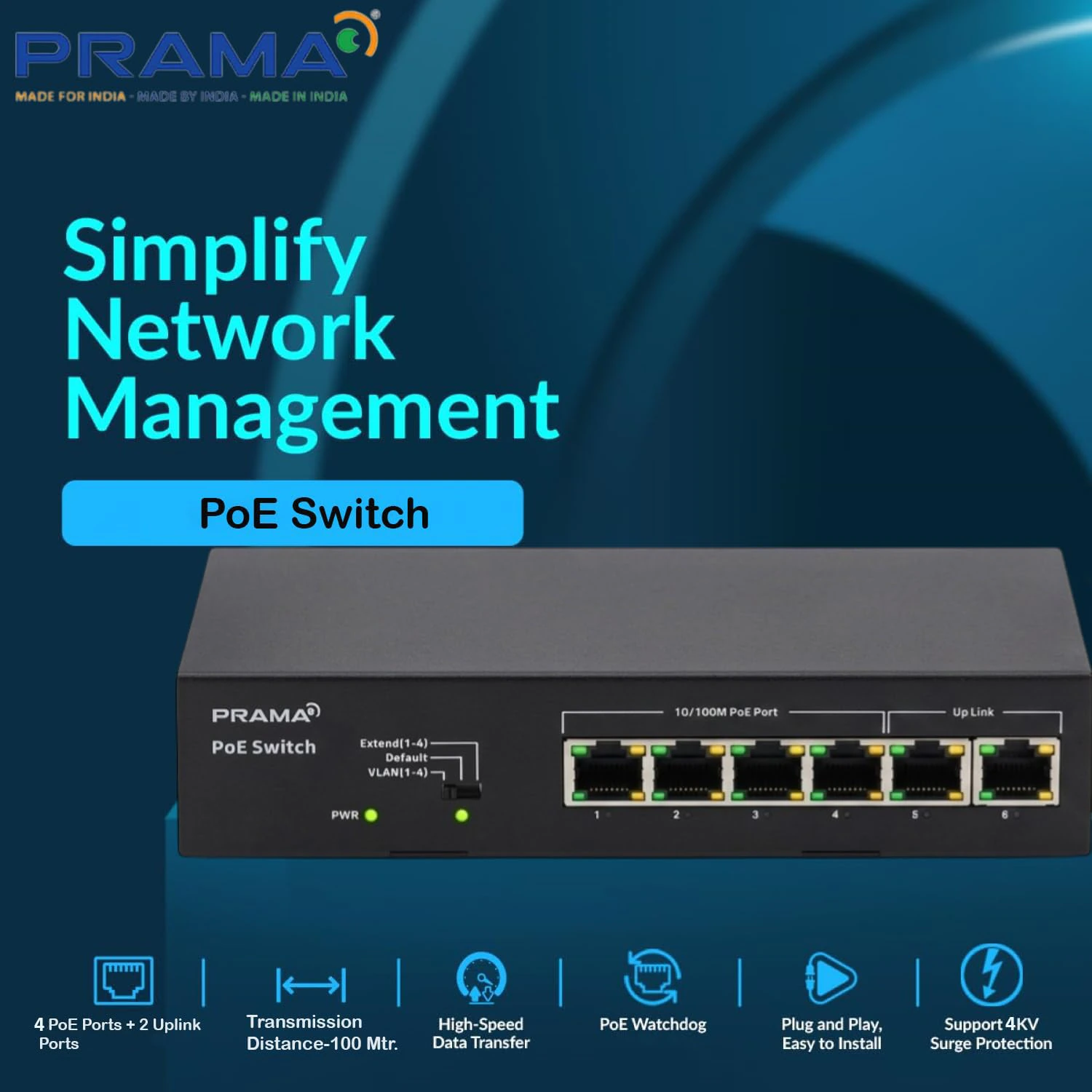 Prama 100 Mbps Network PoE Switch, 4 PoE Ports + 2 Uplink RJ-45 Ports view 3
