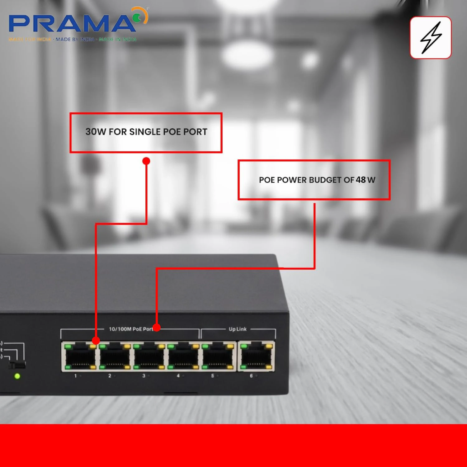 Prama 100 Mbps Network PoE Switch, 4 PoE Ports + 2 Uplink RJ-45 Ports view 4
