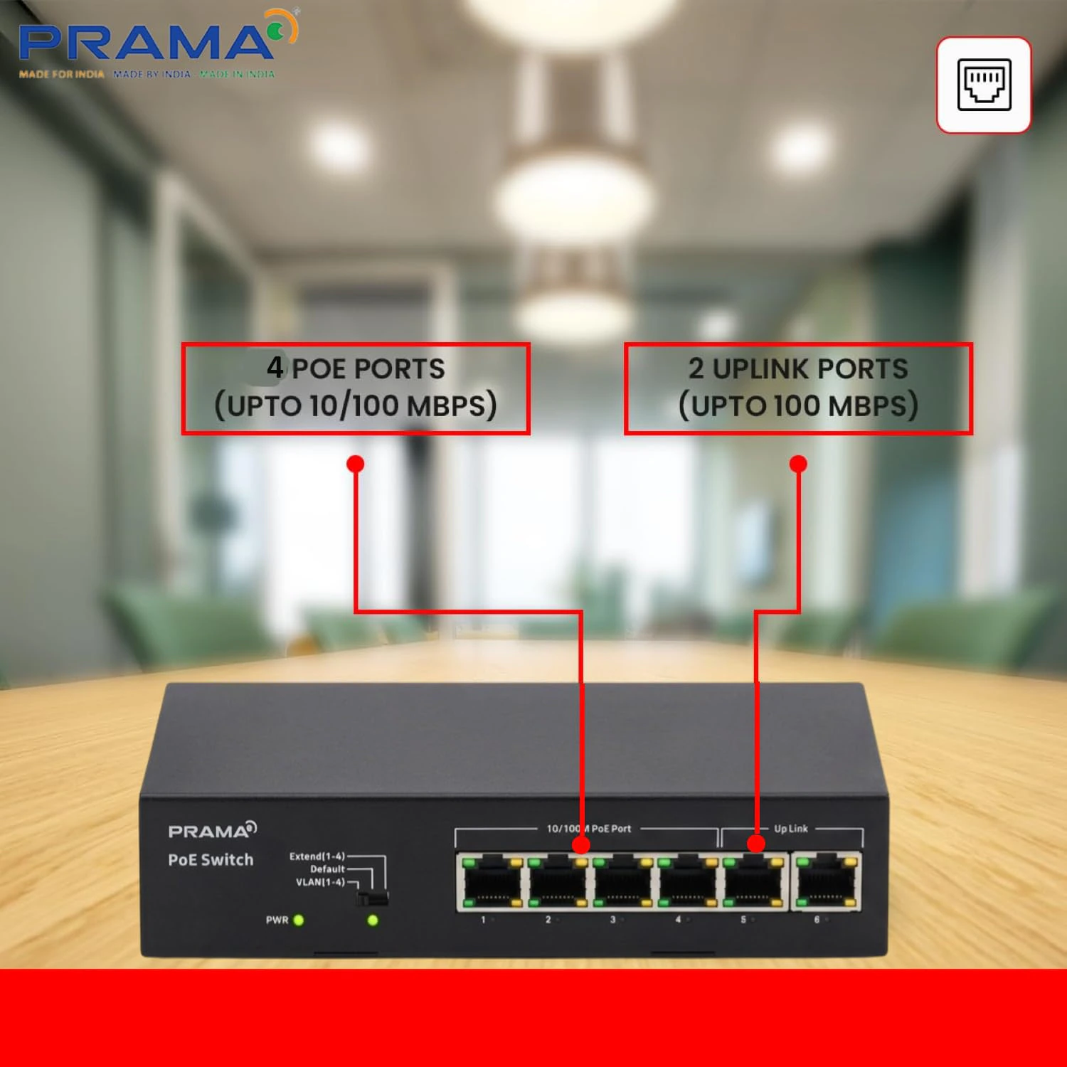Prama 100 Mbps Network PoE Switch, 4 PoE Ports + 2 Uplink RJ-45 Ports view 8