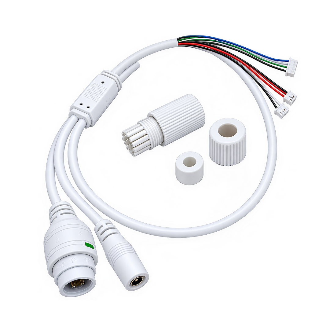IP Camera Cable Kit with Waterproof Connectors, Multi-Wire Harness, DC Power and Network Cable White
