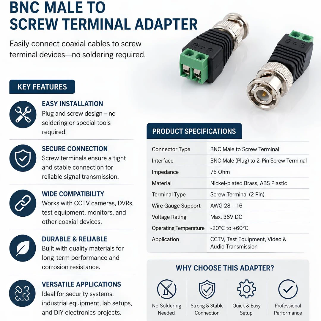 BNC Male Connector with Screw Terminal, Green, for CCTV Camera view 5