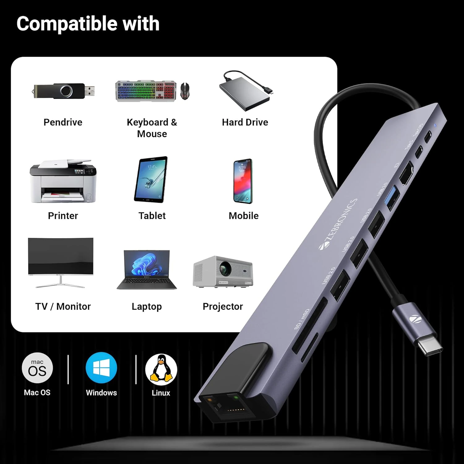 ZEBRONICS CT101, 10 in 1 Multiport HUB view 3