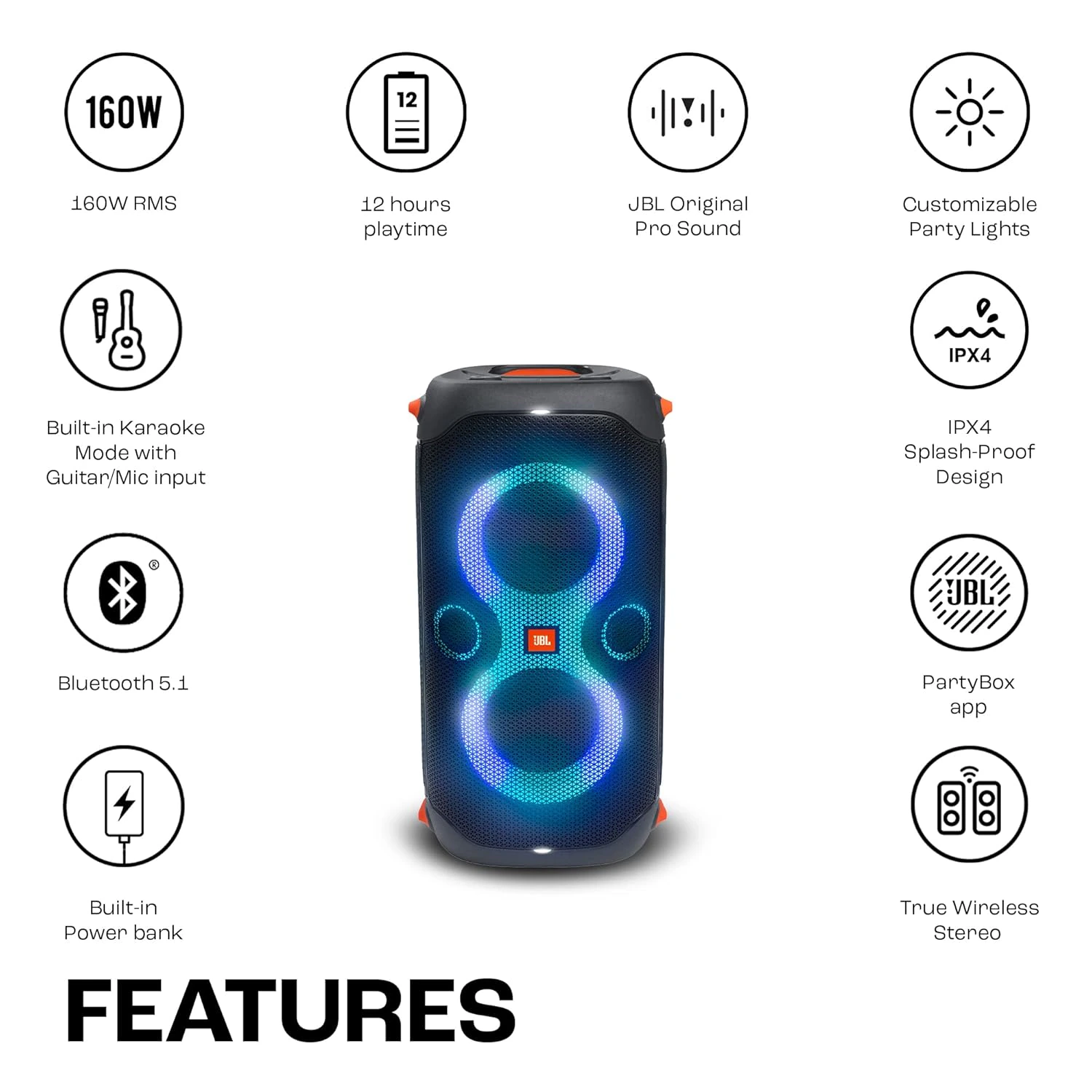 JBL Partybox 110 Wireless Bluetooth 160W Party Speaker, Dynamic Light Show view 2