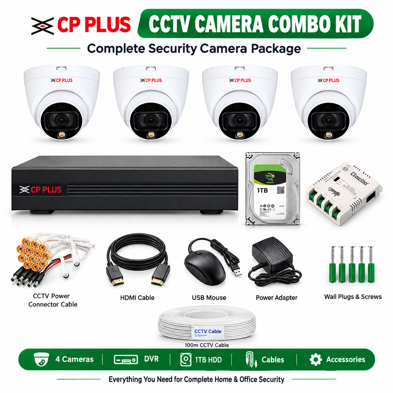 CP Plus 4CH DVR + 5MP (Guard+) Audio Recording 4 Dome Cameras with 24/7 (Day/Night Color Vision) + 1TB HDD + Copper Cable Roll (1+3) + 4CH SMPS + BNC &...