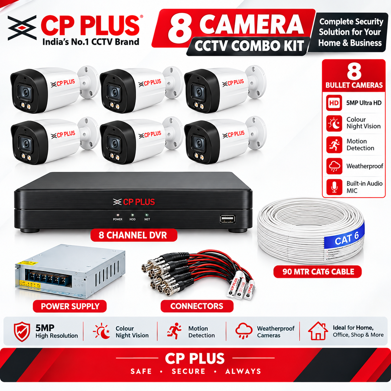 CP Plus 5MP Guard+ Colour Vision in Night 8 Camera Combo Kit with (8Ch DVR, 8 Outdoor Bullete Cameras, 2 TB HDD, Power Supply, 90Mtr Cable and Connectors)