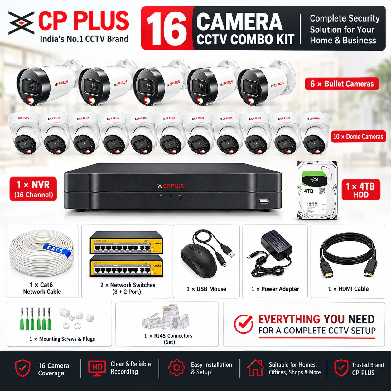 CP Plus IP illumax 16 CH AI NVR, 4MP 10 Dome & 6 Bullet IP Cameras