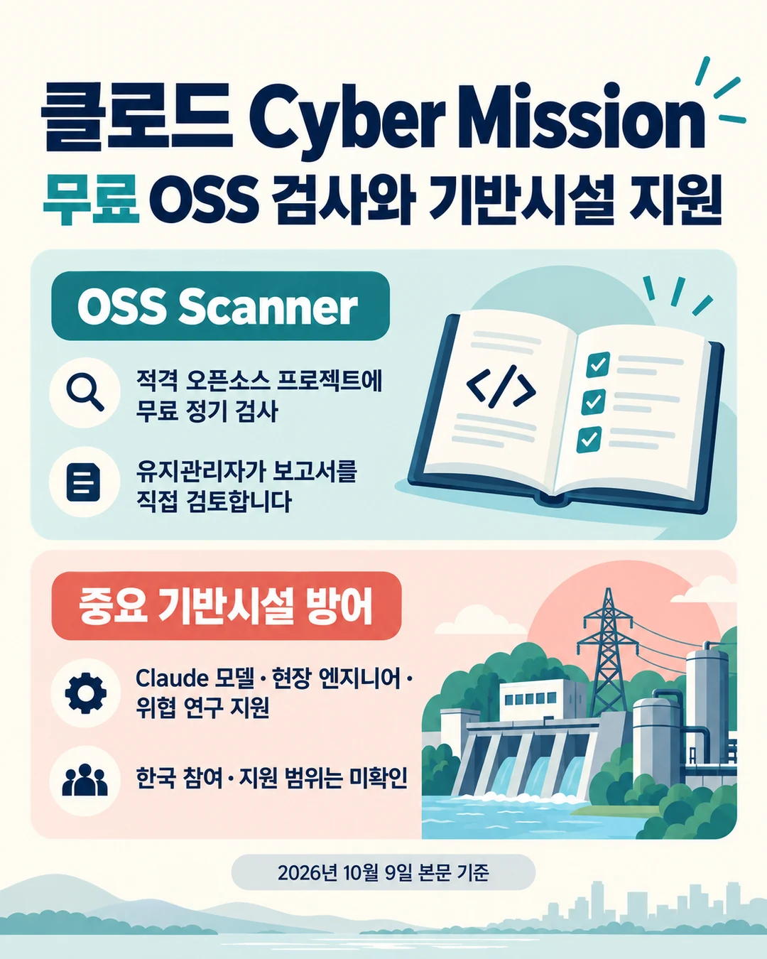무료 OSS 검사와 중요 기반시설 방어 지원을 나란히 배치한 Cyber Mission 요약