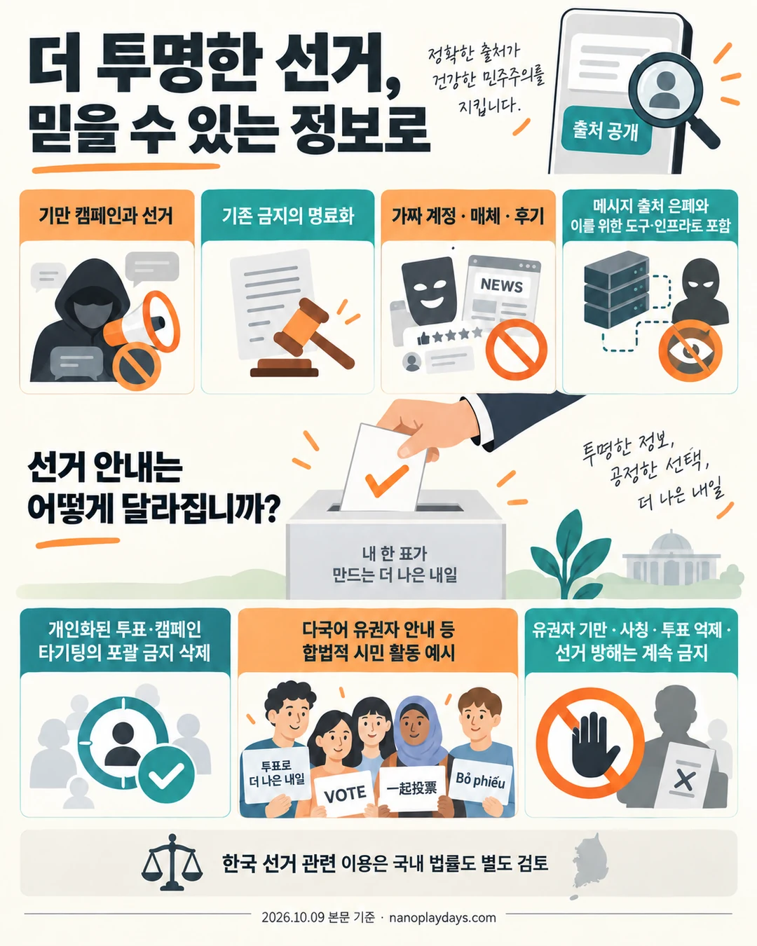 가짜 계정·매체·후기와 기만 인프라 금지, 개인화된 선거 안내의 변경 범위를 비교한 카드
