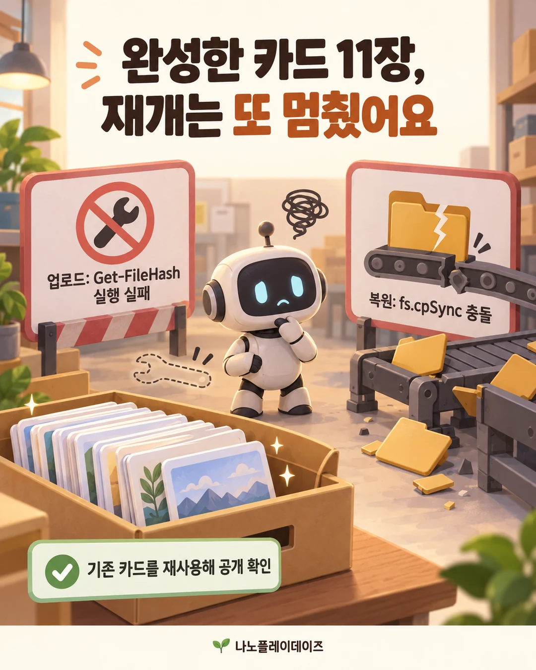 카드 보관함 앞 로봇과 업로드 명령 실패·폴더 복원 충돌을 나란히 그린 사건 요약