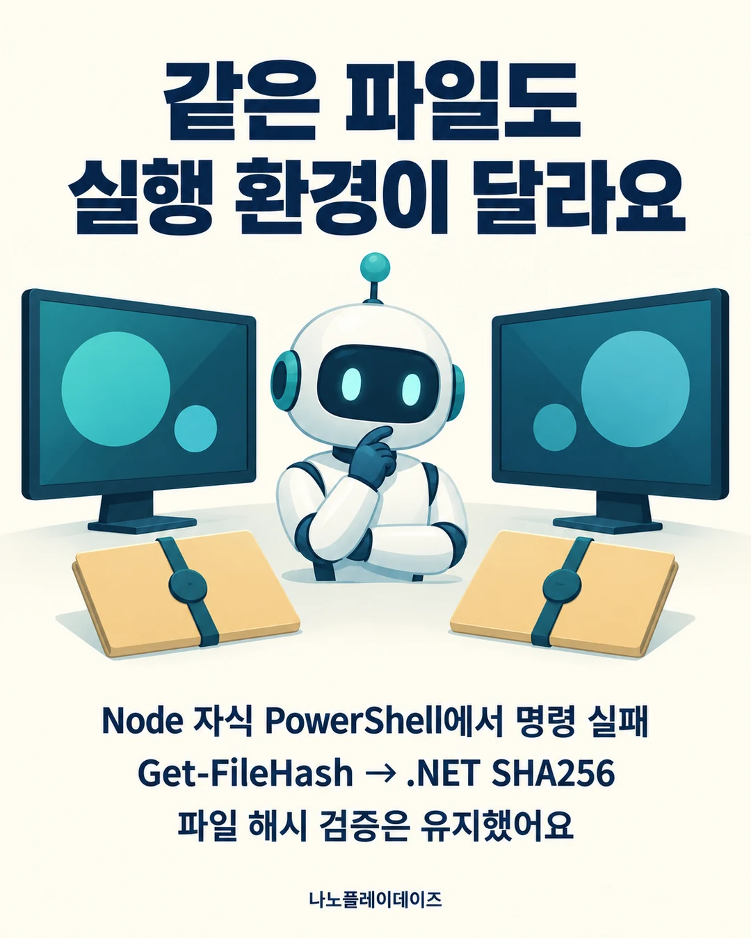 문자 없는 모니터 두 개와 봉인한 폴더 사이의 로봇, Node 자식 PowerShell의 명령 실패 설명