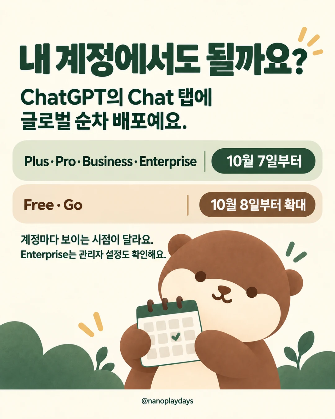 달력을 든 수달과 ChatGPT의 순차 배포 일정입니다. Plus·Pro·Business·Enterprise는 10월 7일부터, Free·Go는 10월 8일부터 확대되며 계정마다 적용 시점이 다릅니다. Enterprise는 관리자 설정을 확인합니다.