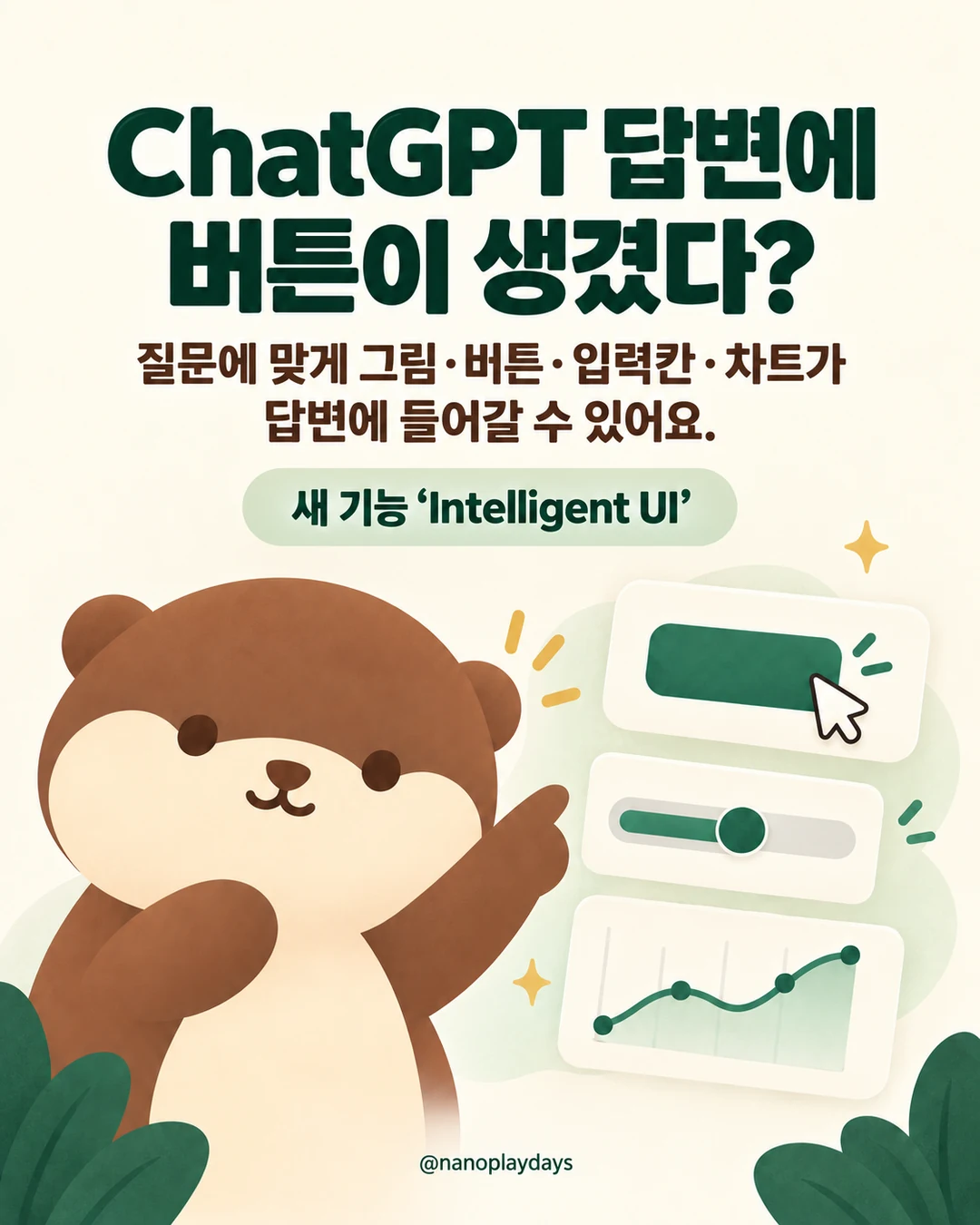 수달이 버튼·입력 조절 막대·차트를 가리킵니다. 제목은 “ChatGPT 답변에 버튼이 생겼다?”이며 질문에 맞춰 그림·버튼·입력칸·차트로 답할 수 있는 Intelligent UI를 소개합니다.