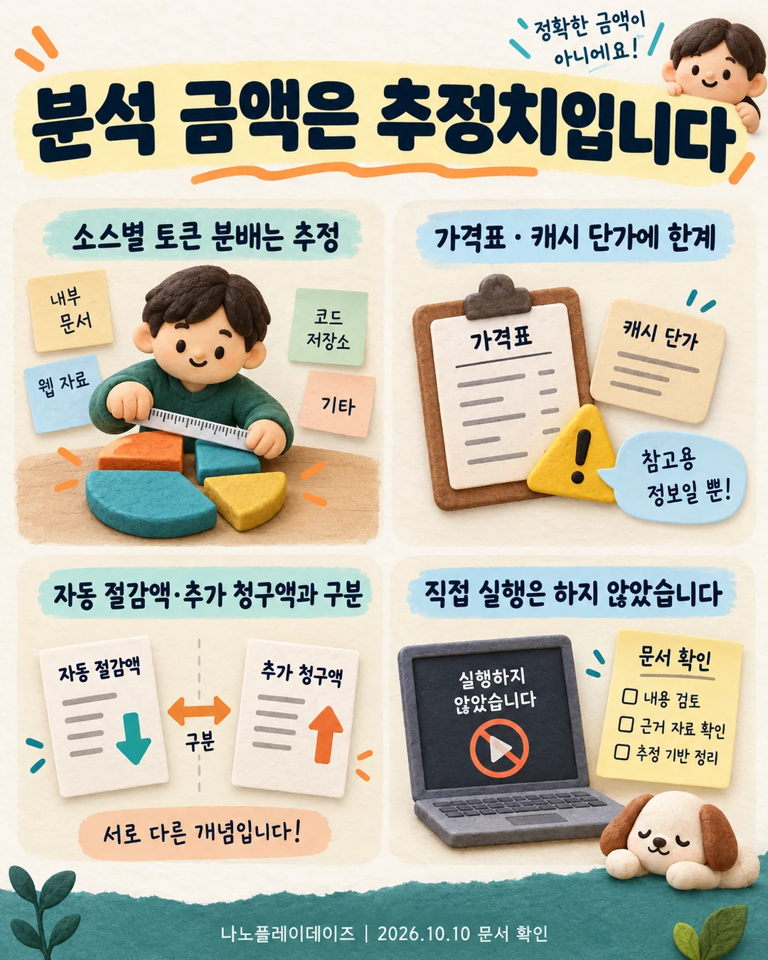 소스별 토큰 추정과 가격표·캐시 단가 한계, 추가 청구·현금 절감과의 구분
