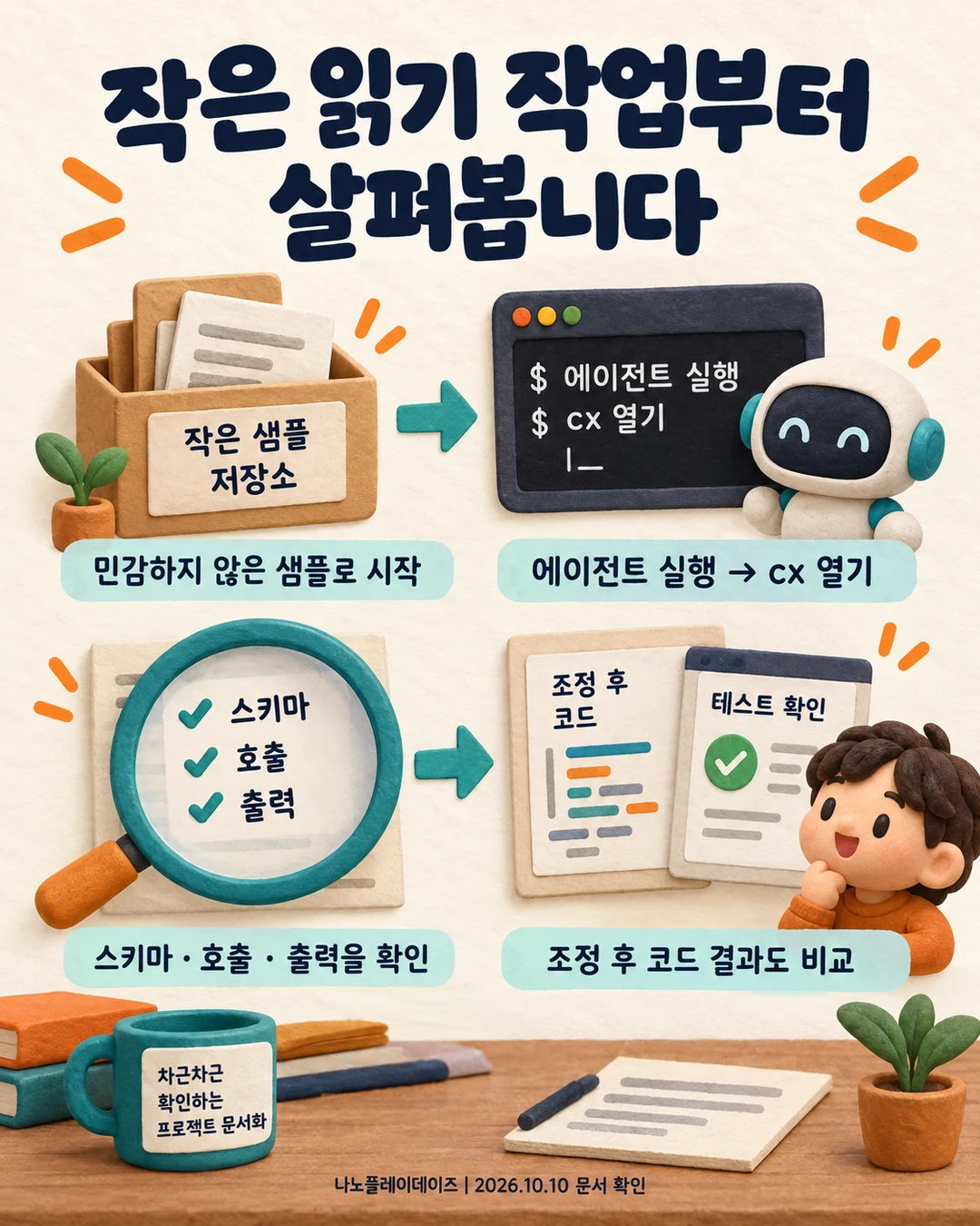 민감하지 않은 샘플 실행, cx 분석, 스키마·호출·출력 점검, 조정 뒤 결과 비교 순서