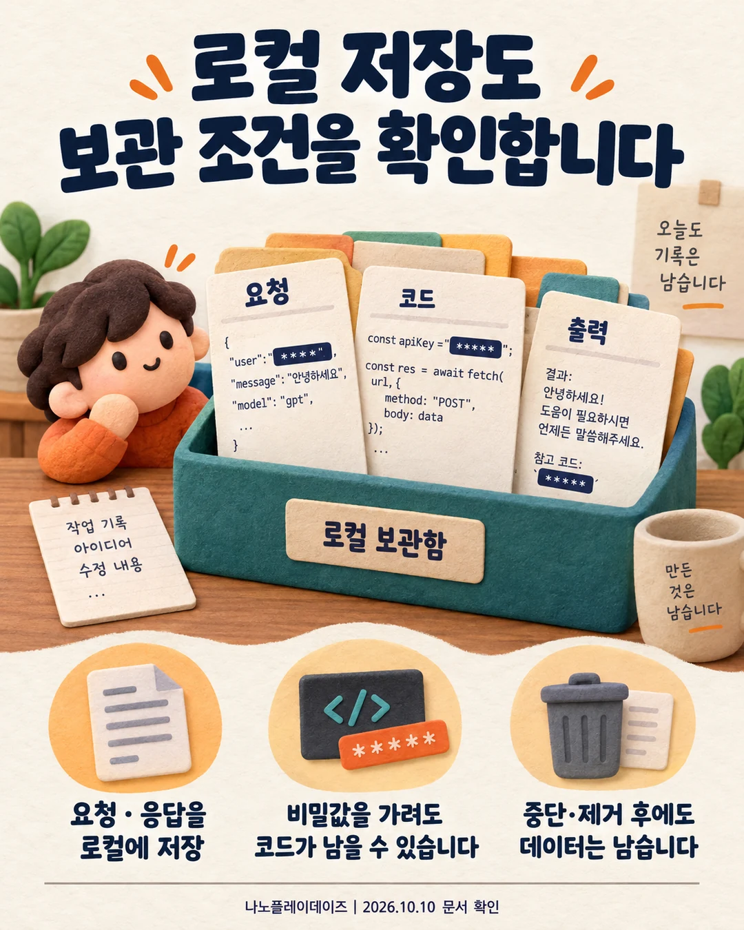 요청·코드·출력이 담긴 보관함과 비밀값 가림, 중단·제거 뒤 남는 데이터
