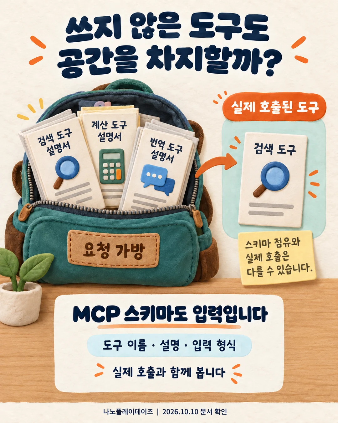 도구 설명서가 담긴 요청 가방과 실제 호출 도구를 비교한 그림