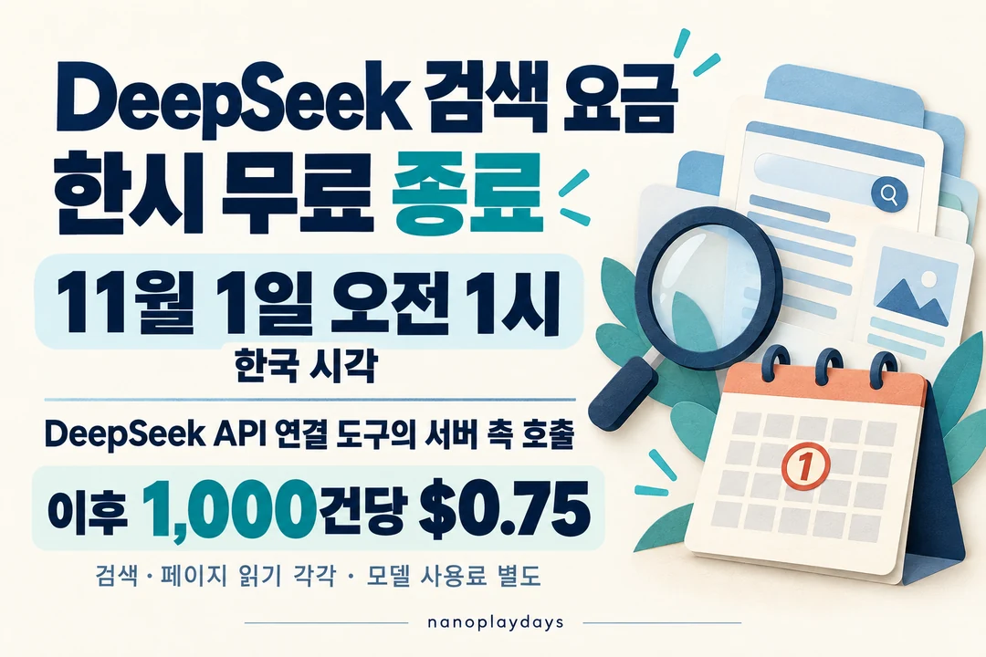 DeepSeek API 연결 도구의 서버 측 호출 무료 종료는 한국 시각 11월 1일 오전 1시이며 이후 검색·페이지 읽기 각각 1,000건당 0.75달러, 모델 사용료는 별도라고 적힌 카드