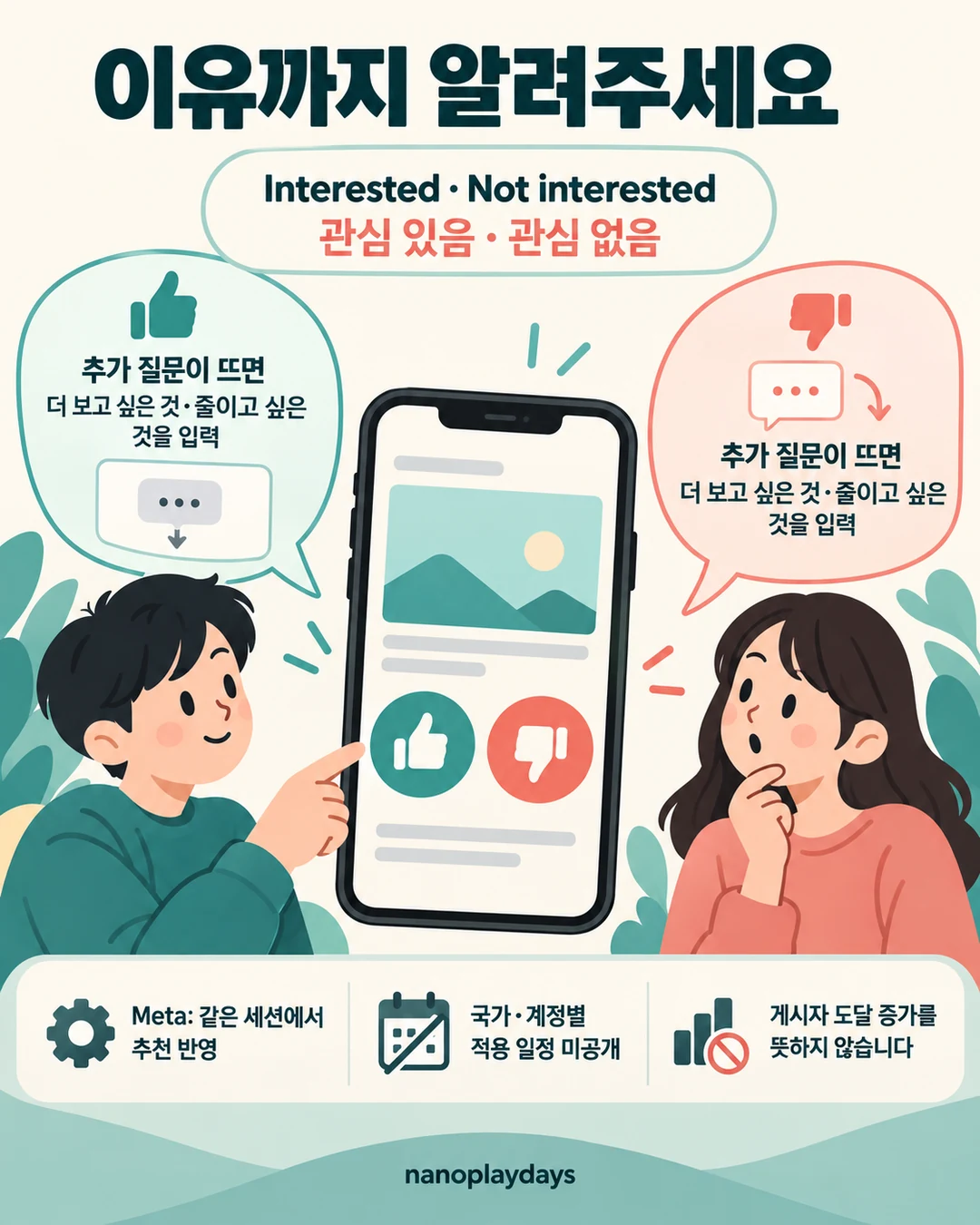 관심 있음·관심 없음 뒤 추가 질문이 뜨면 자연어로 설명하며 Meta는 같은 세션에서 반영한다고 안내한 카드
