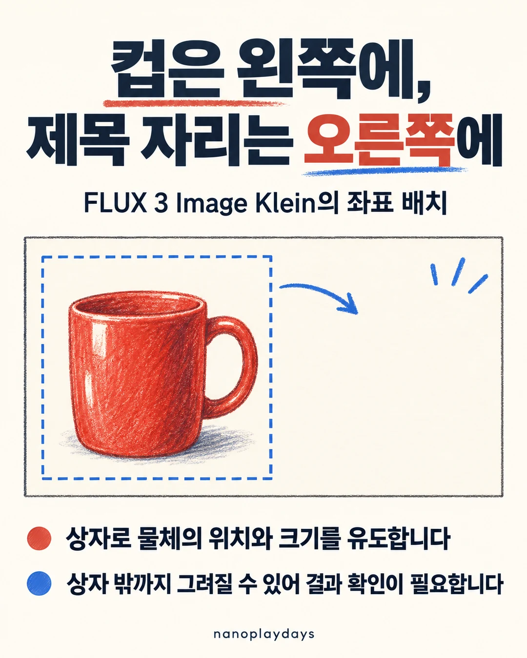 왼쪽 상자에 놓인 빨간 컵과 오른쪽 여백으로 좌표 배치를 설명하고, 상자 밖도 그려질 수 있음을 안내하는 카드