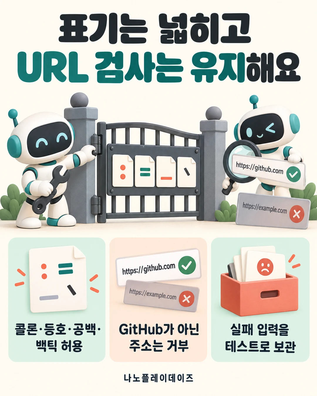 콜론·등호·공백·백틱을 받도록 문을 고치고 GitHub 주소와 다른 도메인을 구분하는 로봇 삽화