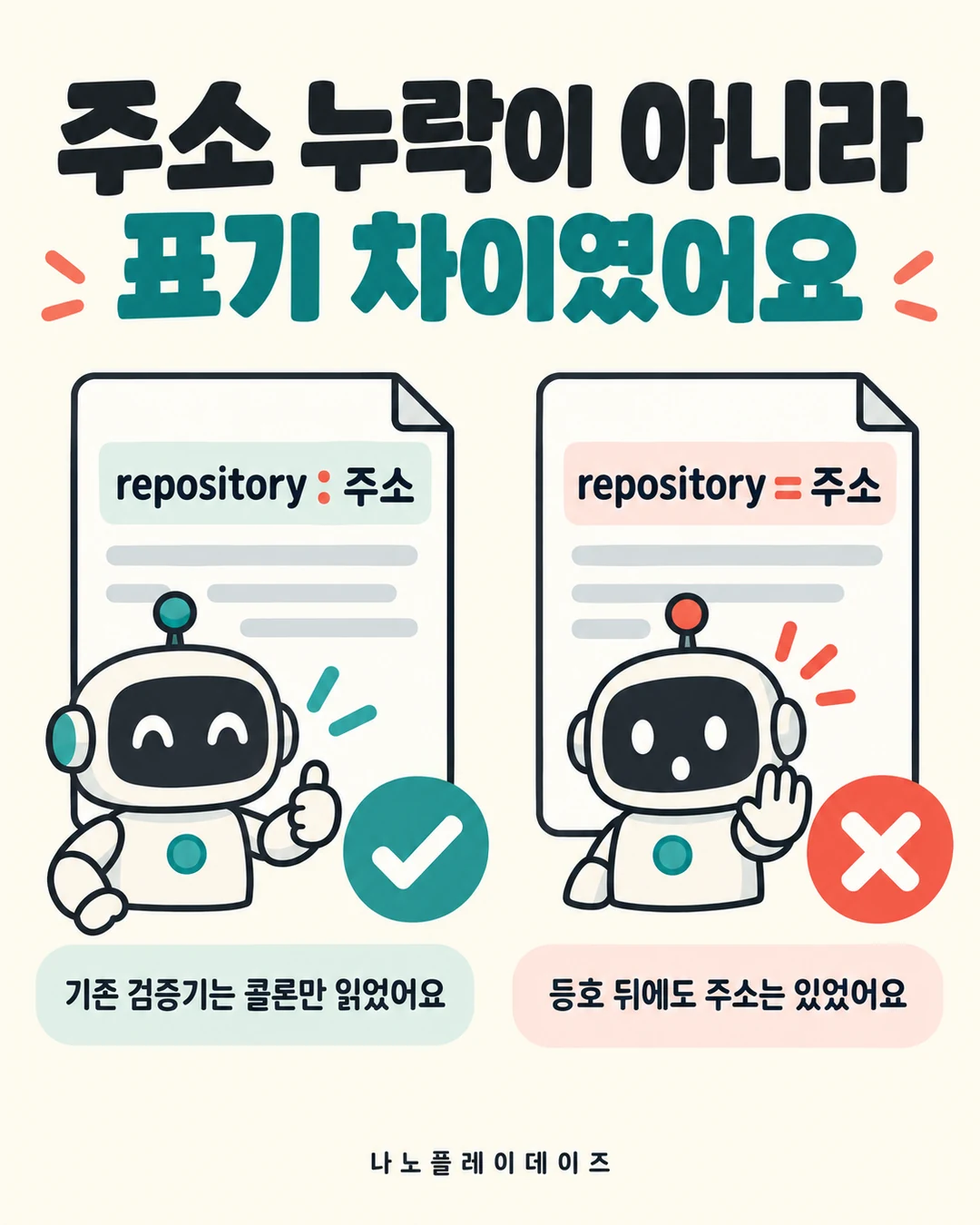 콜론 저장소 표기는 통과하고 등호 표기는 막히는 기존 검증기를 비교한 로봇 삽화