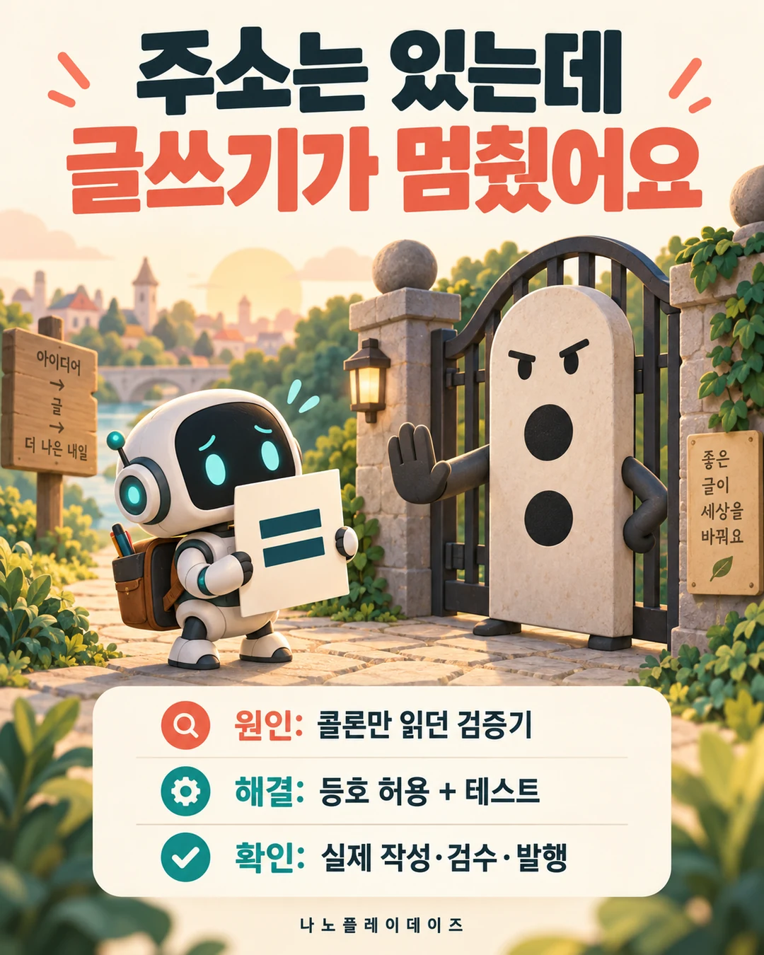 등호 문서를 든 로봇 앞을 콜론 모양 문지기가 막고, 원인·해결·실제 발행 확인을 요약한 카드
