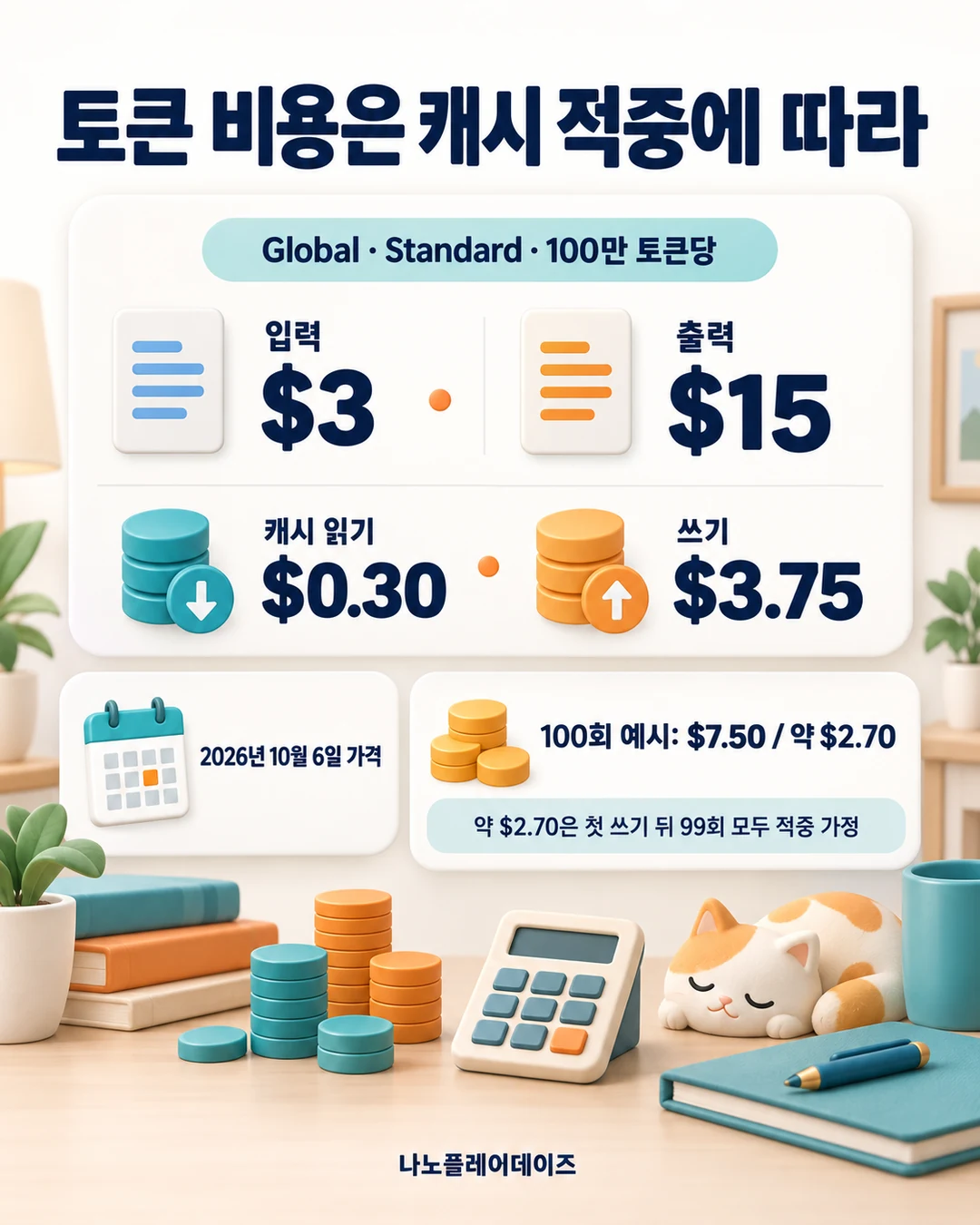Global Standard의 입력·출력·캐시 요금과 100회 호출 비용 예시를 토큰 더미·계산기와 함께 설명한 그림