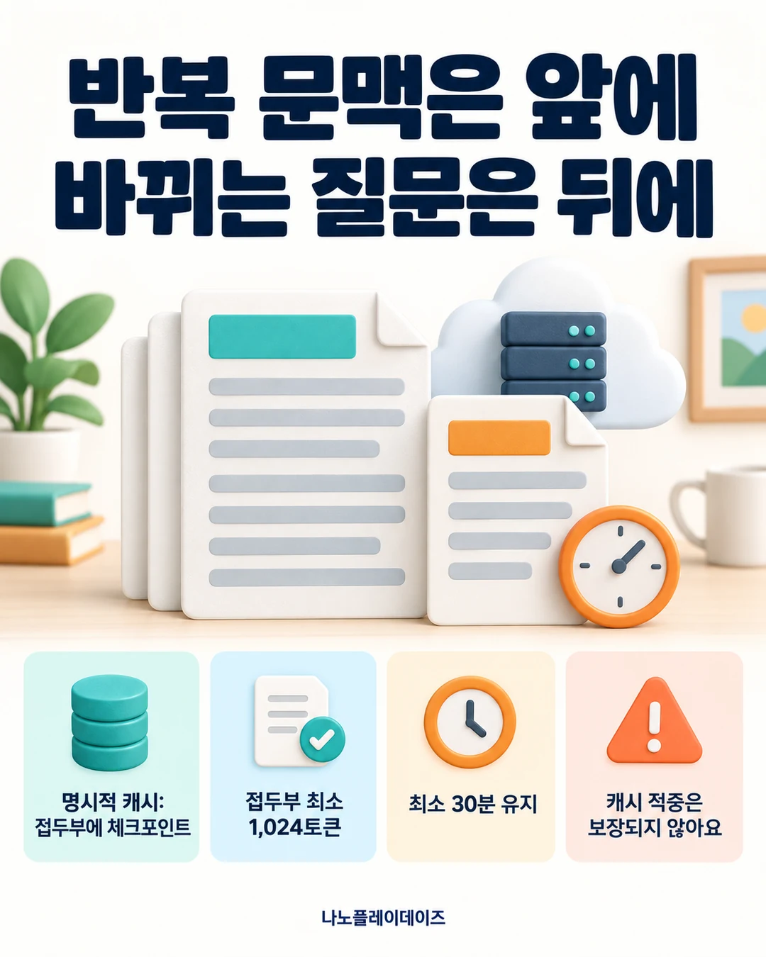 반복 문맥과 바뀌는 질문을 문서로 구분하고 명시적 캐시의 체크포인트, 최소 1,024토큰, 최소 30분 유지, 적중 미보장 조건을 적은 그림